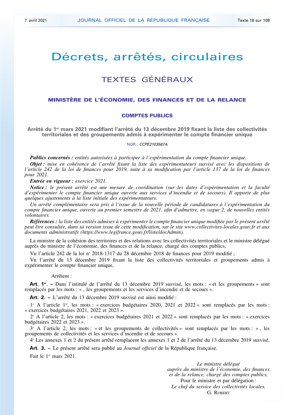 JOURNAL OFFICIEL DE LA RÉPUBLIQUE FRANÇAISE Texte 18 Sur 108