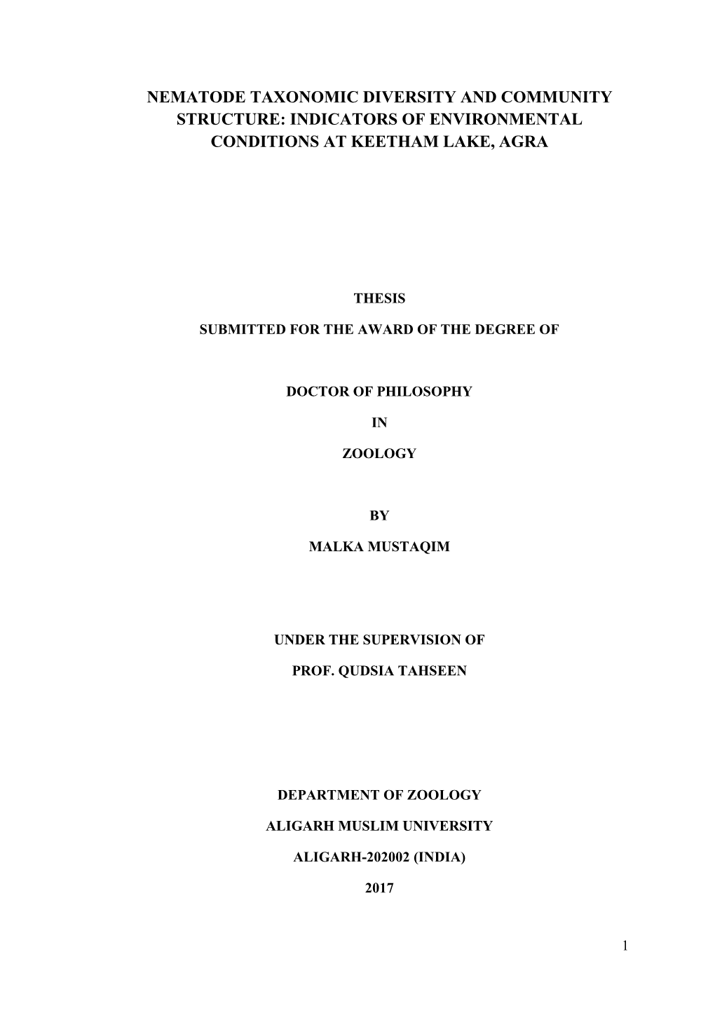 Nematode Taxonomic Diversity and Community Structure: Indicators of Environmental Conditions at Keetham Lake, Agra