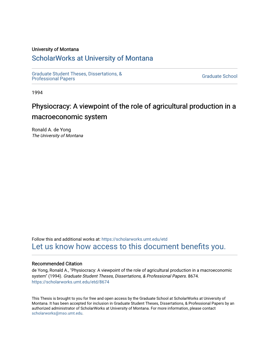 Physiocracy: a Viewpoint of the Role of Agricultural Production in a Macroeconomic System