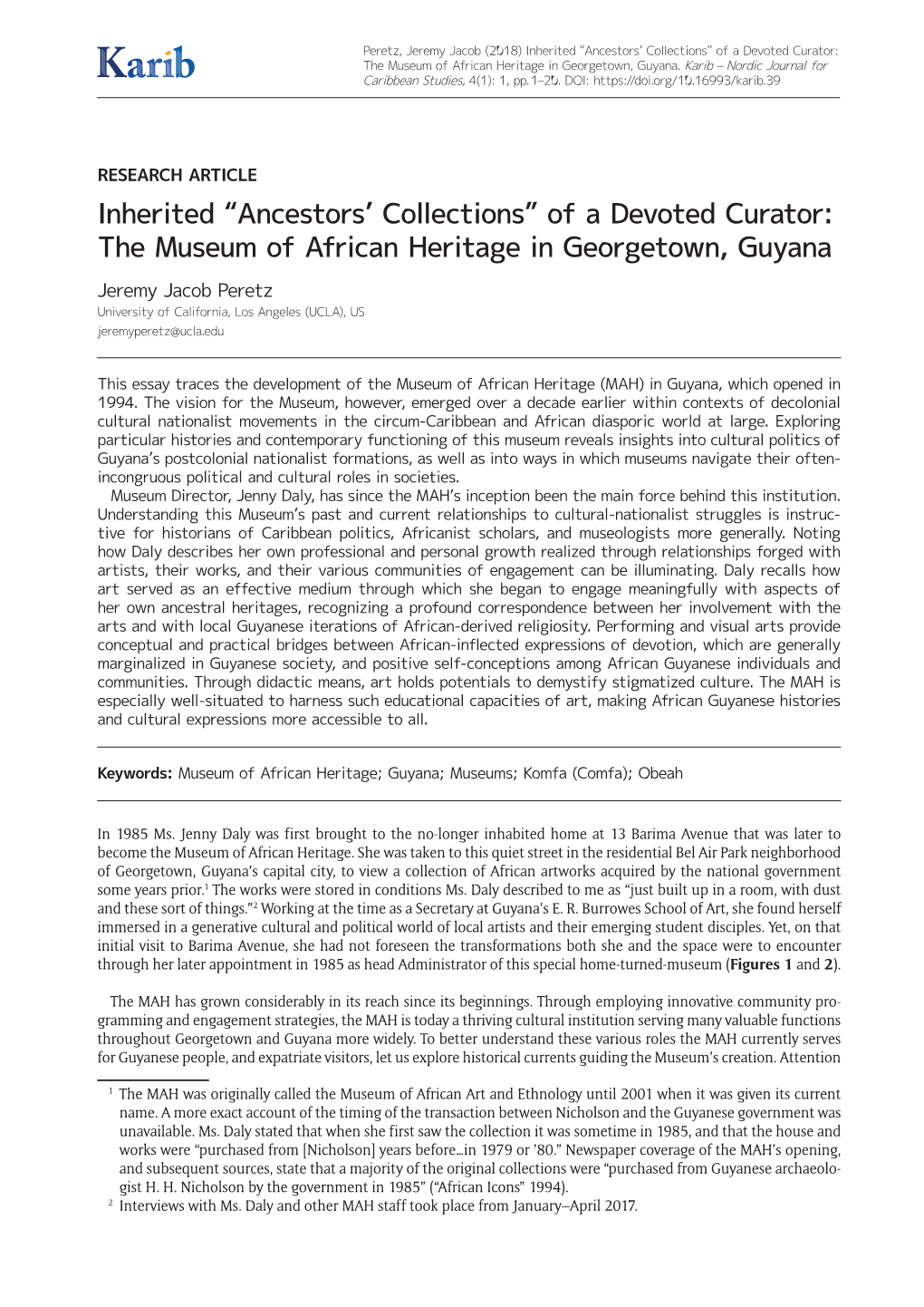 “Ancestors' Collections” of a Devoted Curator: the Museum of African Heritage in Georgetown, Guyana