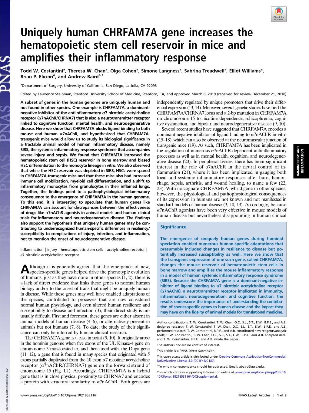 Uniquely Human CHRFAM7A Gene Increases the Hematopoietic Stem Cell Reservoir in Mice and Amplifies Their Inflammatory Response