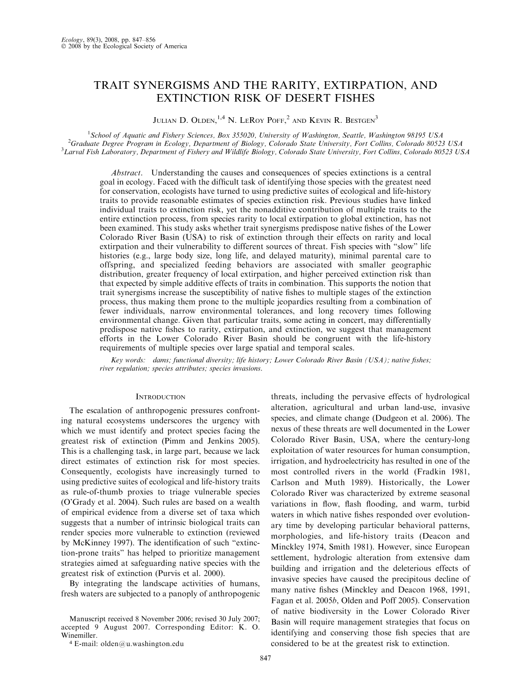 Trait Synergisms and the Rarity, Extirpation, and Extinction Risk of Desert Fishes