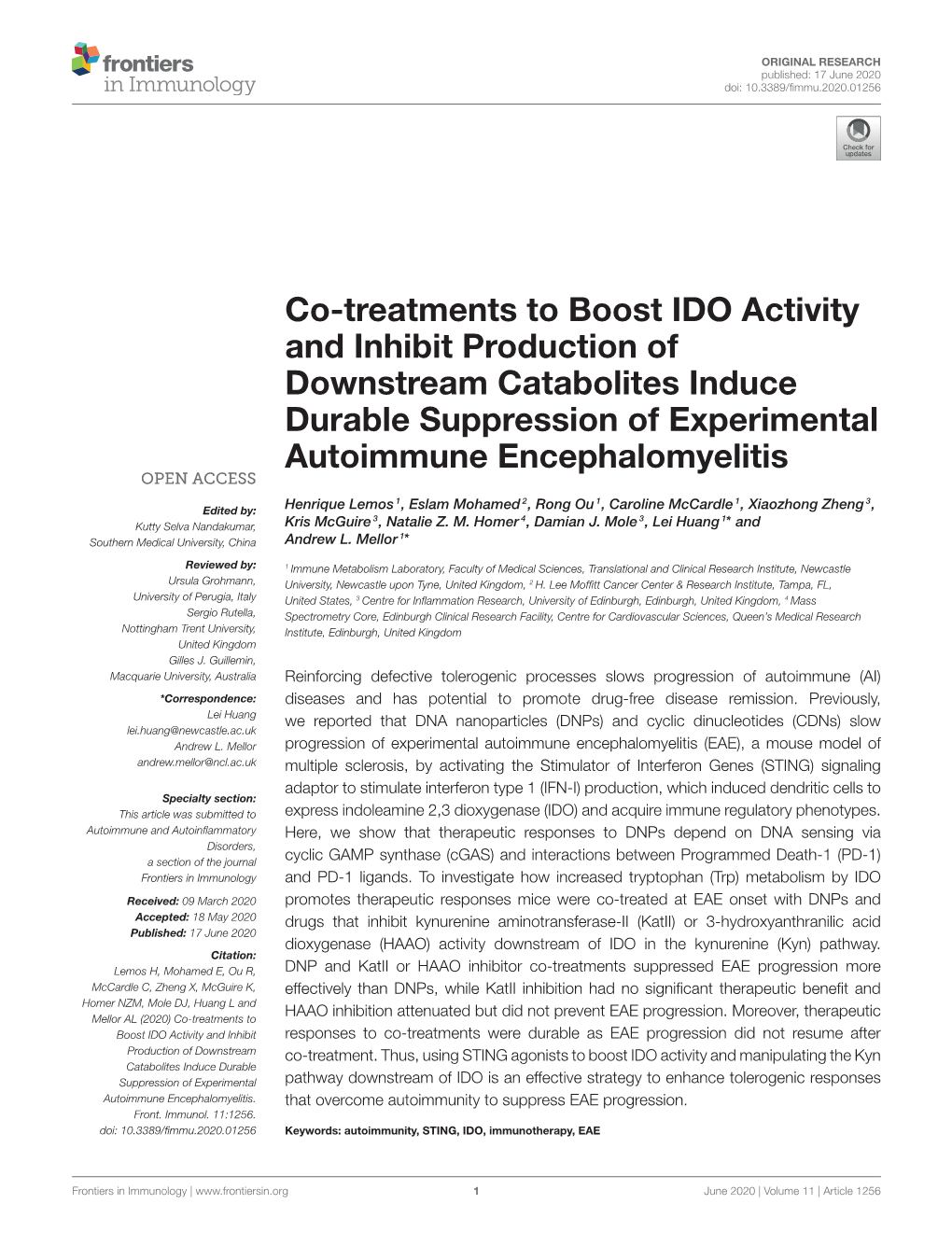 Co-Treatments to Boost IDO Activity and Inhibit Production of Downstream Catabolites Induce Durable Suppression of Experimental Autoimmune Encephalomyelitis