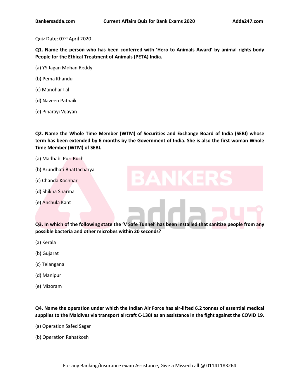 Bankersadda.Com Current Affairs Quiz for Bank Exams 2020 Adda247.Com