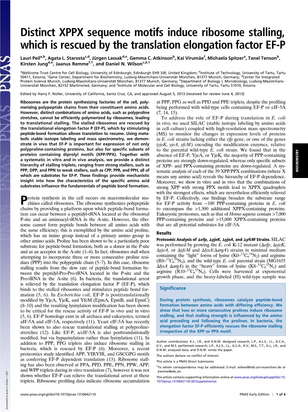 Distinct XPPX Sequence Motifs Induce Ribosome Stalling, Which Is Rescued by the Translation Elongation Factor EF-P