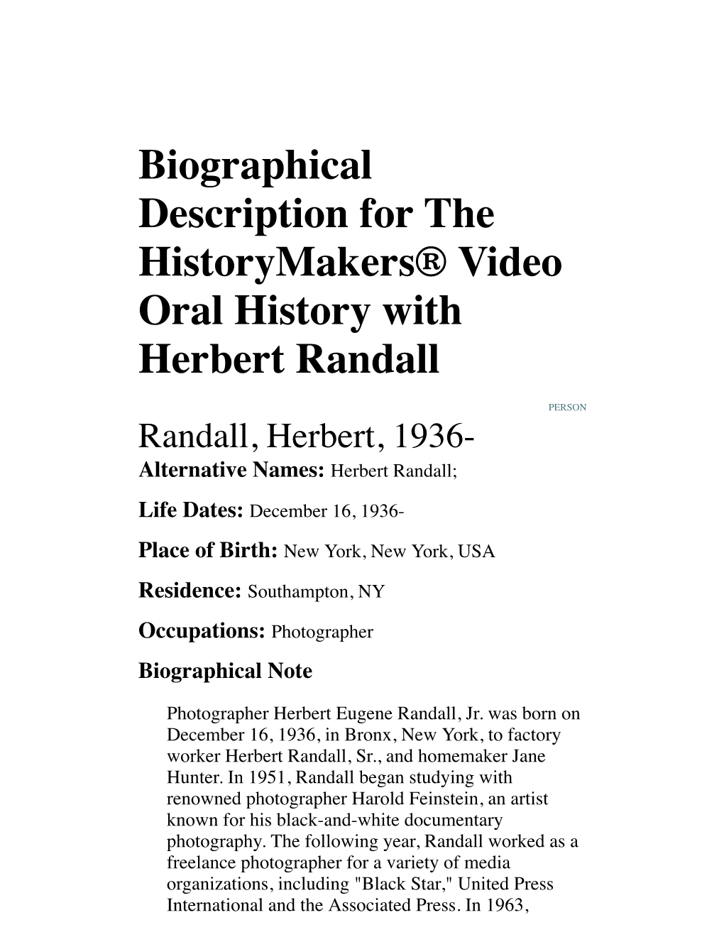 Biographical Description for the Historymakers® Video Oral History with Herbert Randall