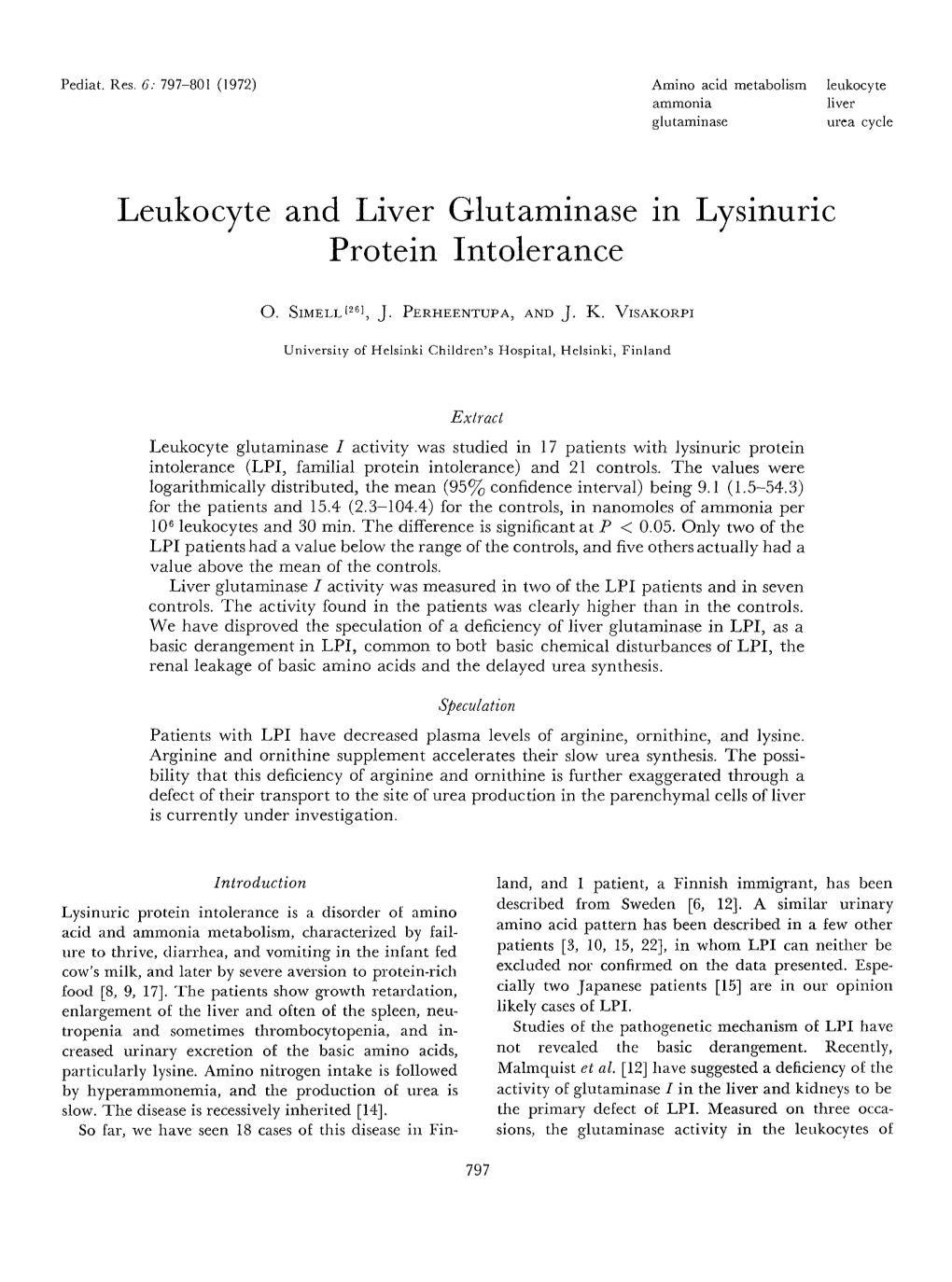 Leukocyte and Liver Glutaminase in Lysinuric Protein Intolerance