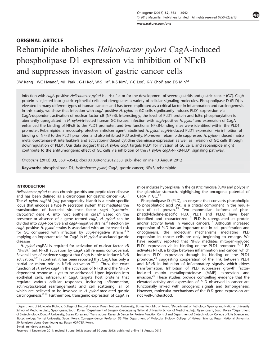 Rebamipide Abolishes Helicobacter Pylori Caga-Induced Phospholipase D1 Expression Via Inhibition of NF&Kappa