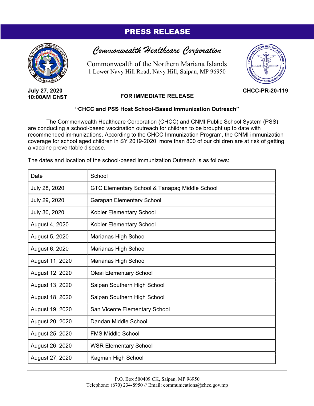 CHCC and PSS Host School-Based Immunization Outreach”