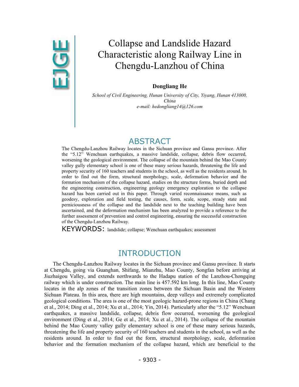 Collapse and Landslide Hazard Characteristic Along Railway Line in Chengdu-Lanzhou of China