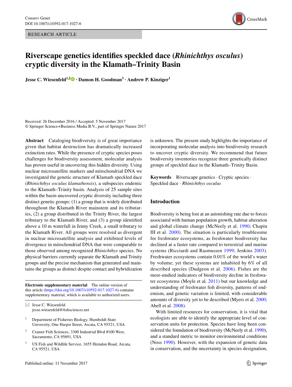 Riverscape Genetics Identifies Speckled Dace (Rhinichthys Osculus) Cryptic Diversity in the Klamath–Trinity Basin