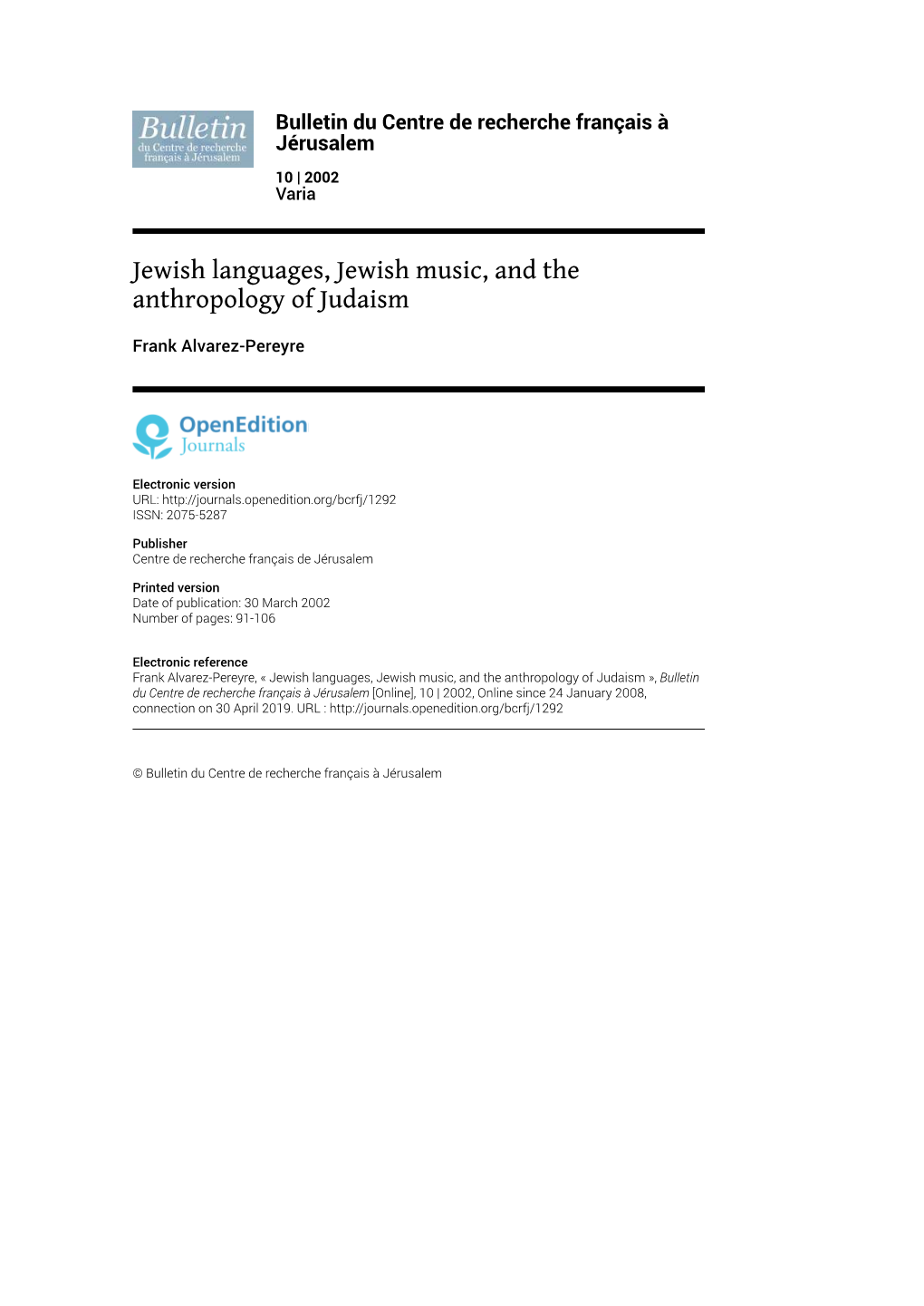 Jewish Languages, Jewish Music, and the Anthropology of Judaism