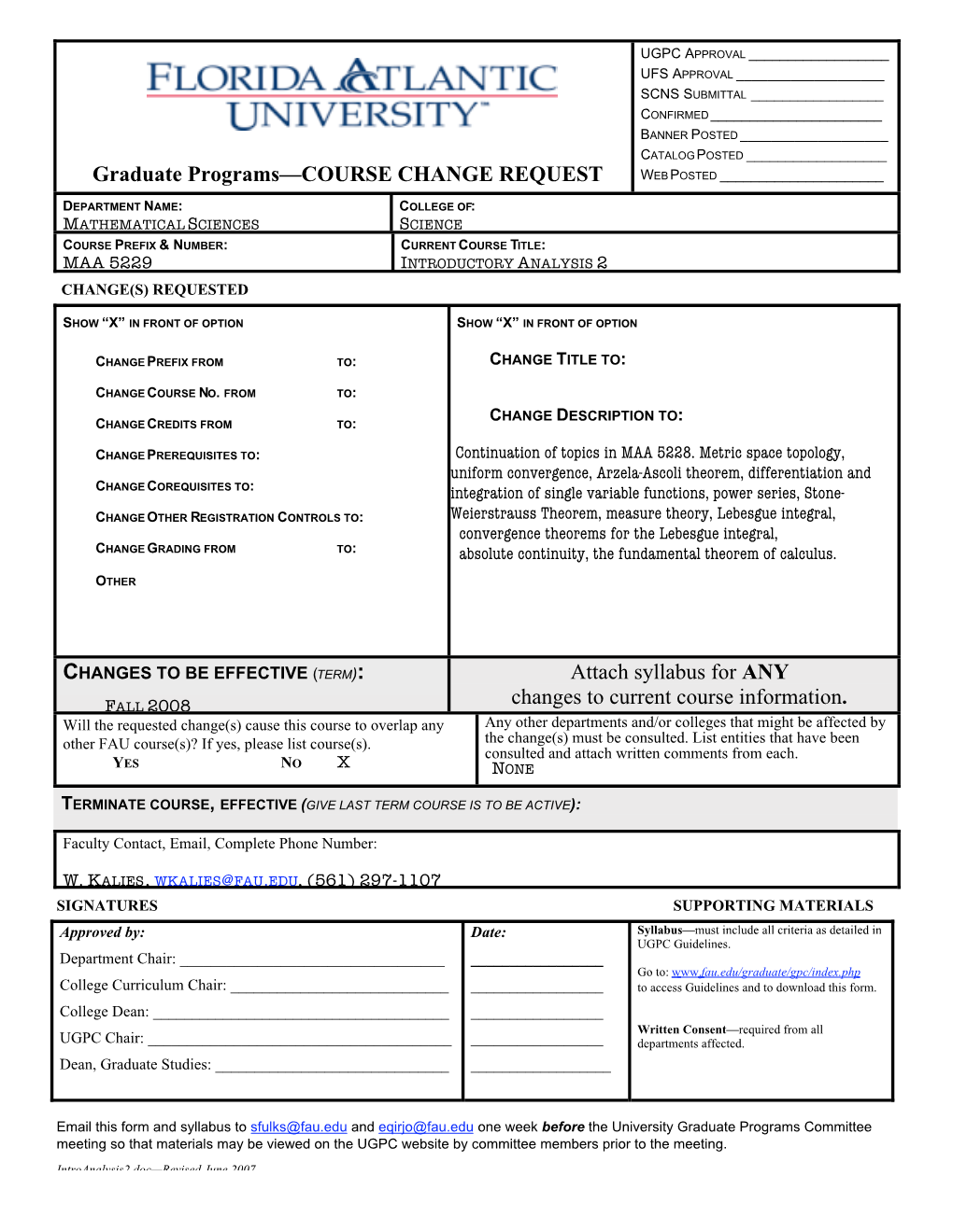 Maa 5229 Introductory Analysis 2 Change(S) Requested