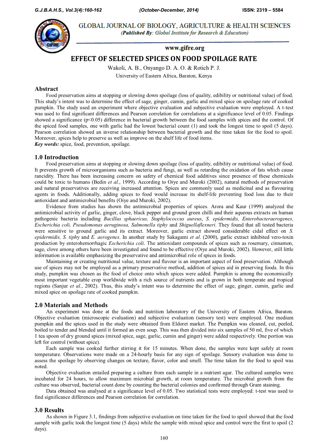 EFFECT of SELECTED SPICES on FOOD SPOILAGE RATE Wakoli, A