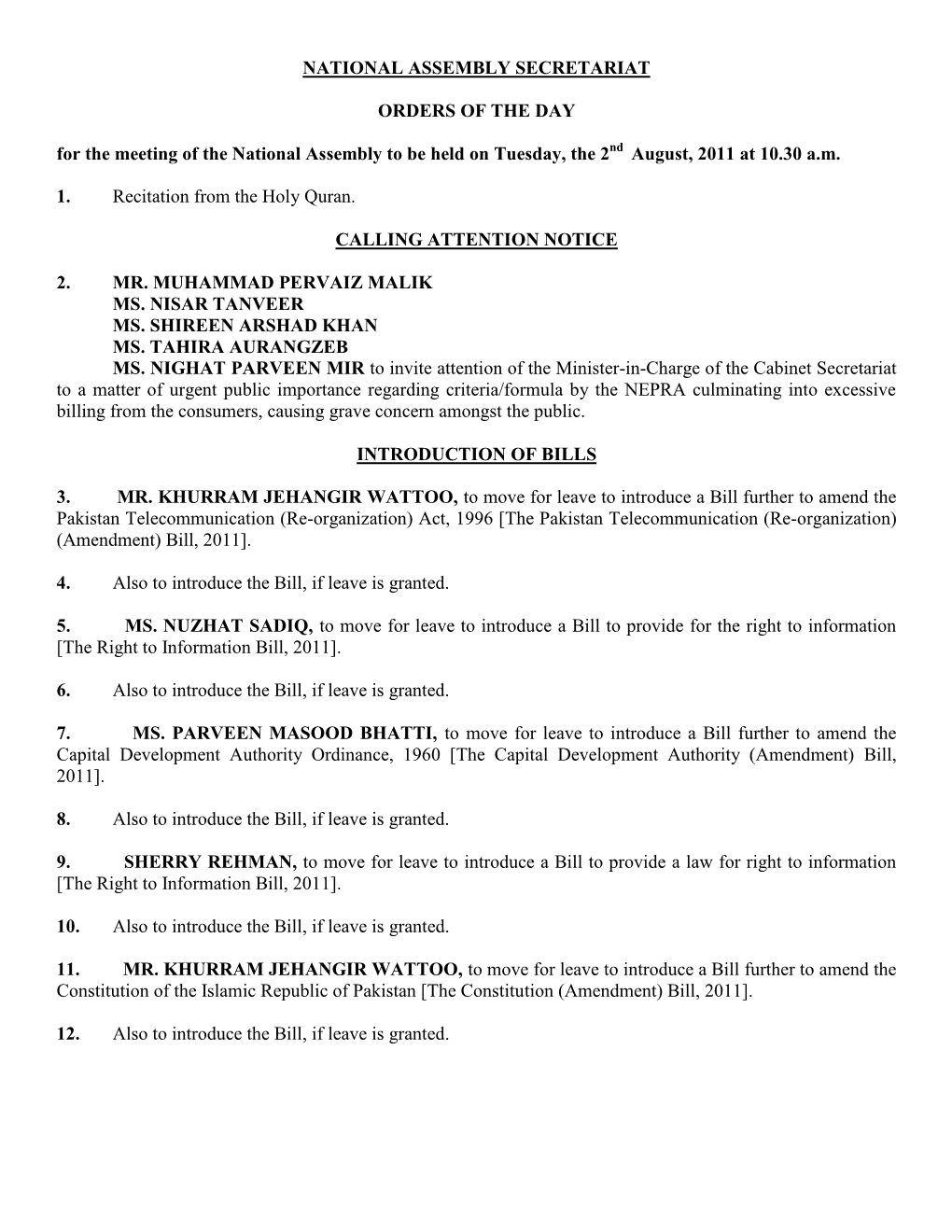 National Assembly Secretariat Orders of The