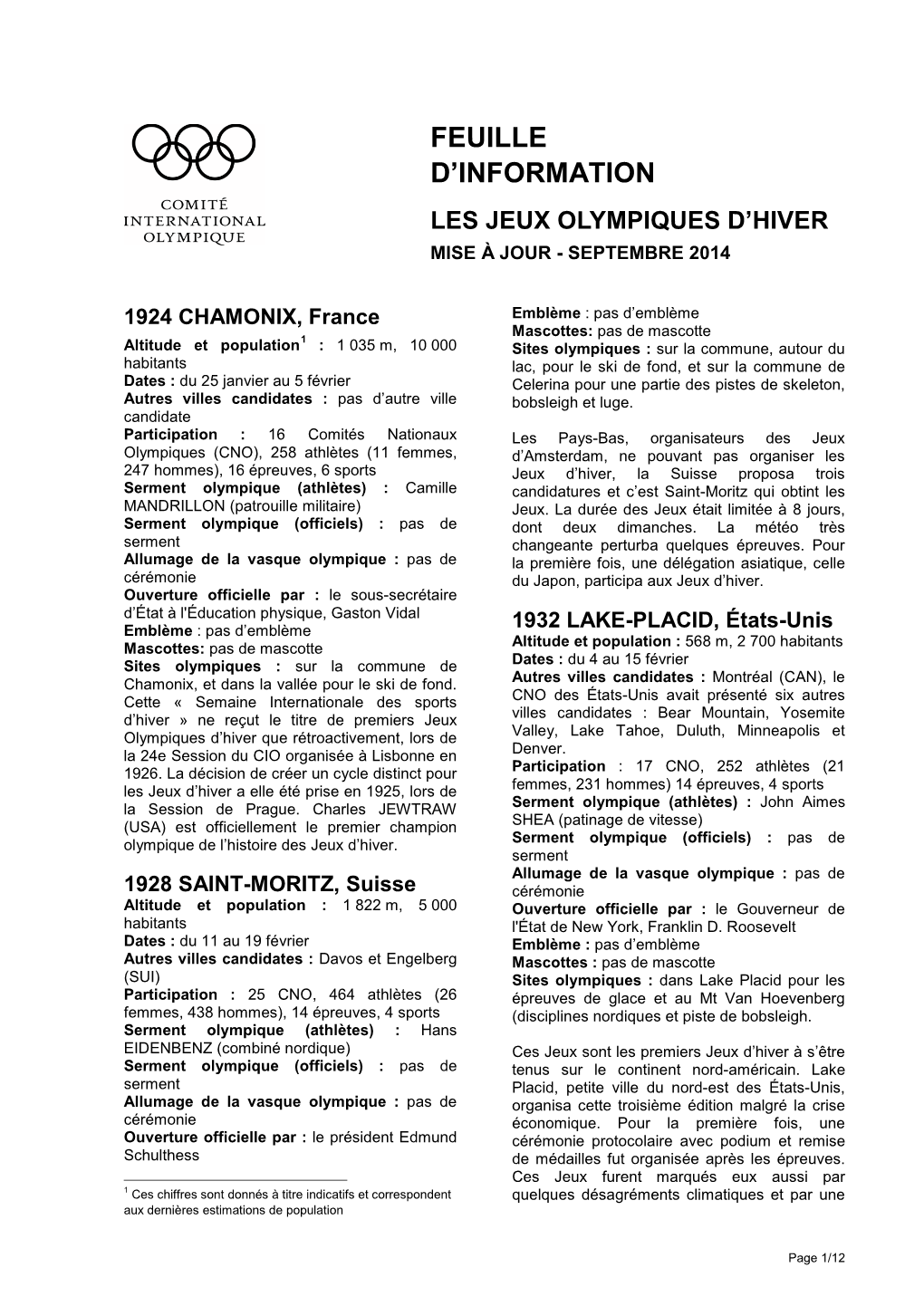 Feuille D'information Les Jeux Olympiques D'hiver