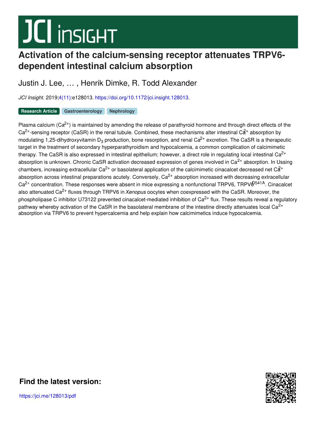 Activation of the Calcium-Sensing Receptor Attenuates TRPV6- Dependent Intestinal Calcium Absorption