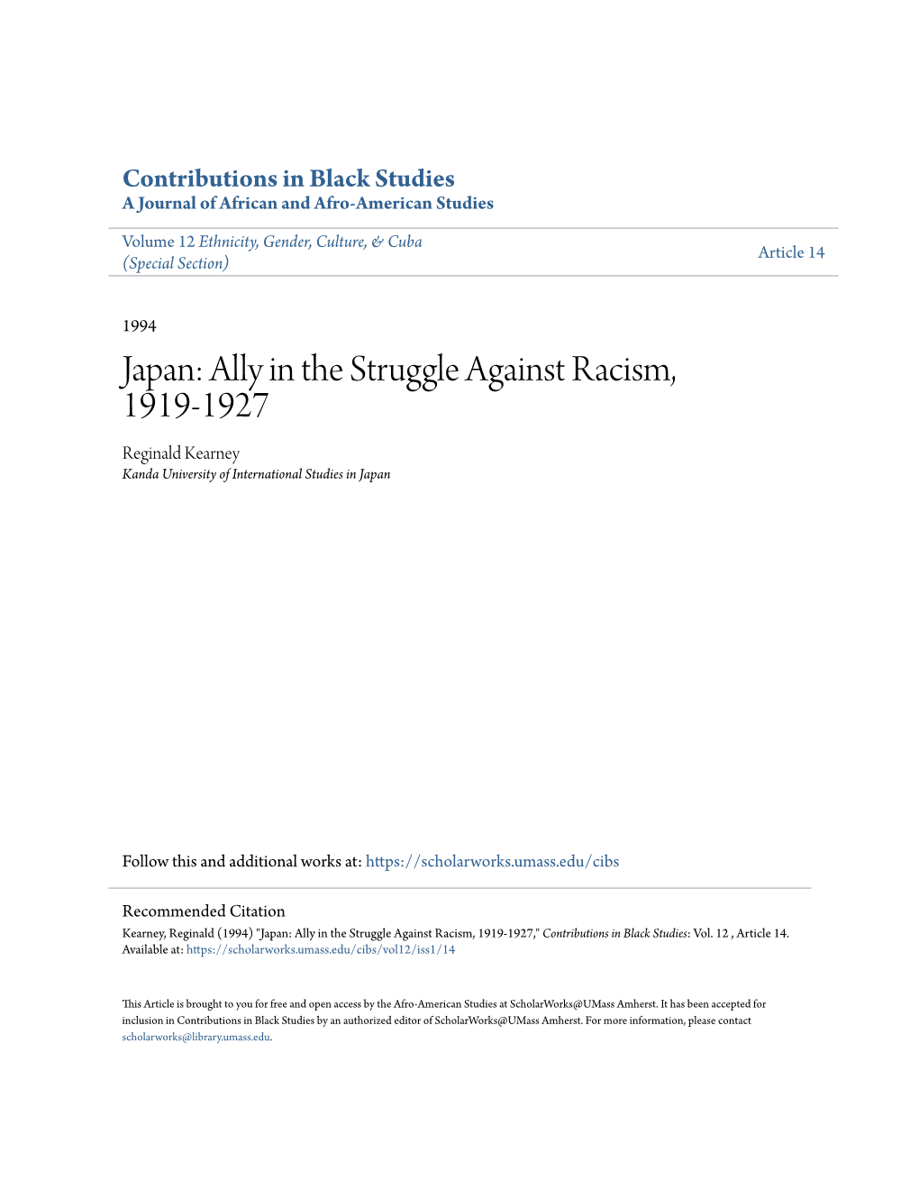 Japan: Ally in the Struggle Against Racism, 1919-1927 Reginald Kearney Kanda University of International Studies in Japan