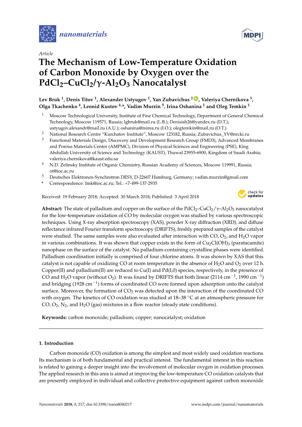 The Mechanism of Low-Temperature Oxidation of Carbon Monoxide by Oxygen Over the Pdcl2–Cucl2/Γ-Al2o3 Nanocatalyst