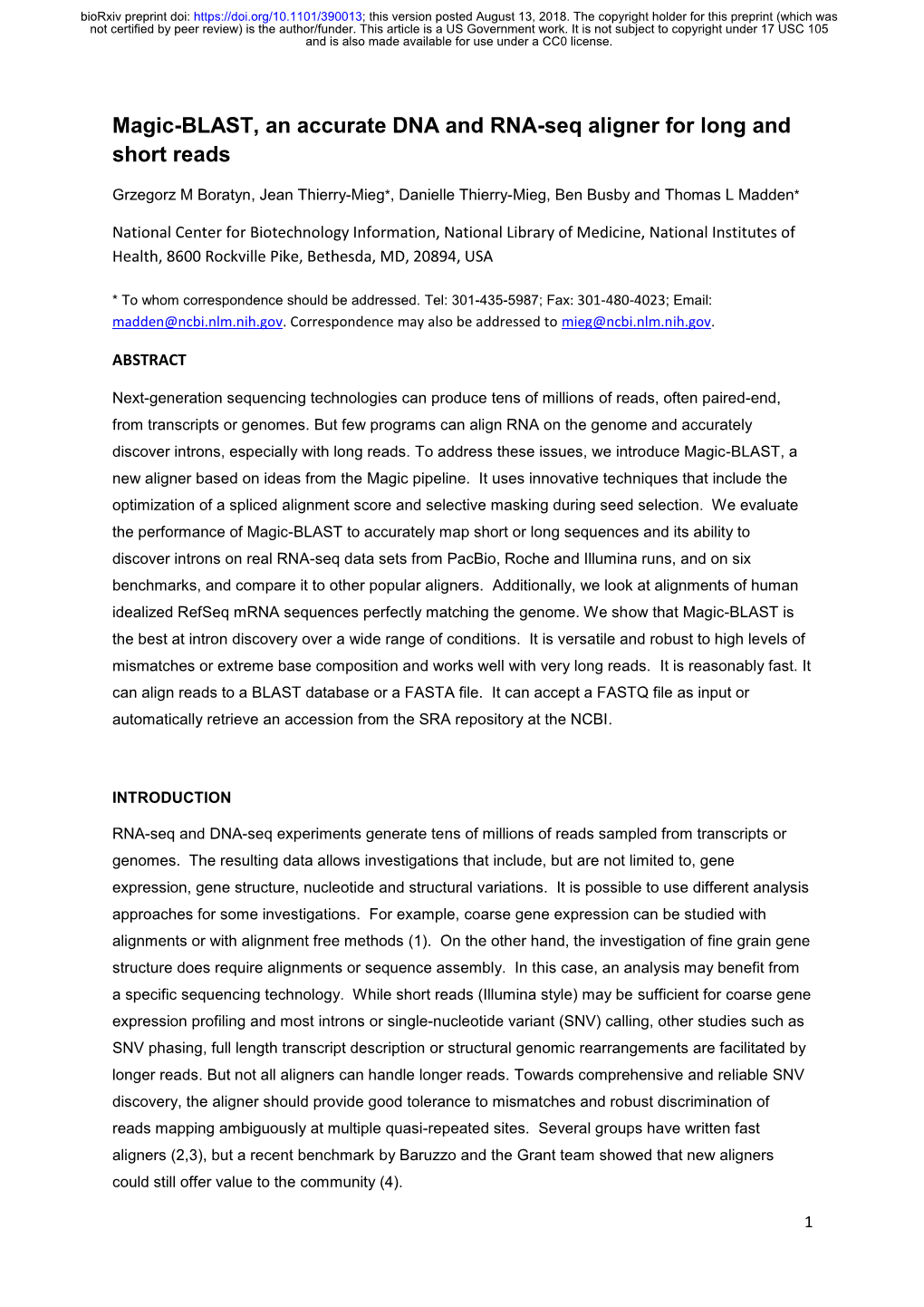 Magic-BLAST, an Accurate DNA and RNA-Seq Aligner for Long and Short Reads