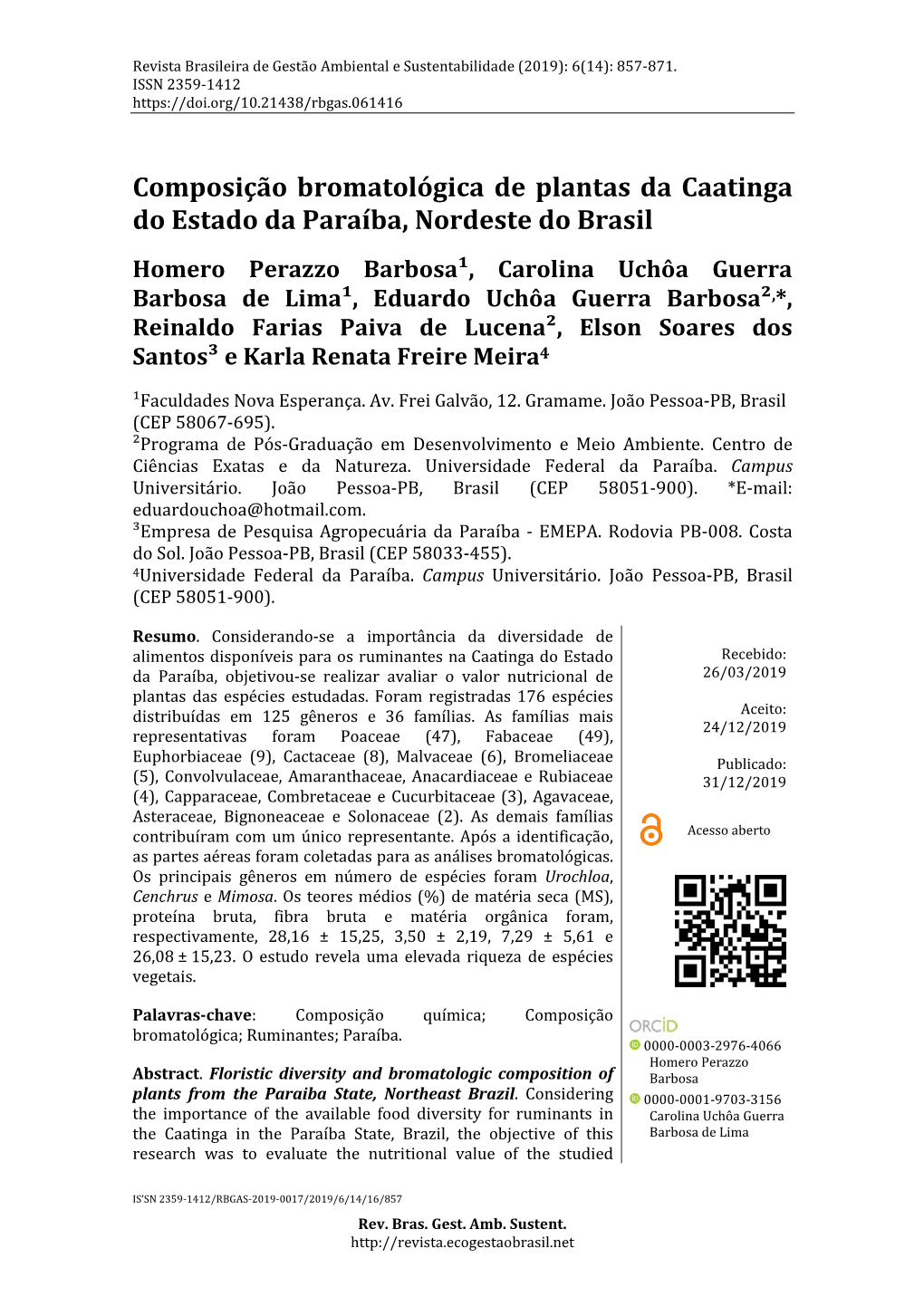 Composição Bromatológica De Plantas Da Caatinga Do Estado Da Paraíba, Nordeste Do Brasil