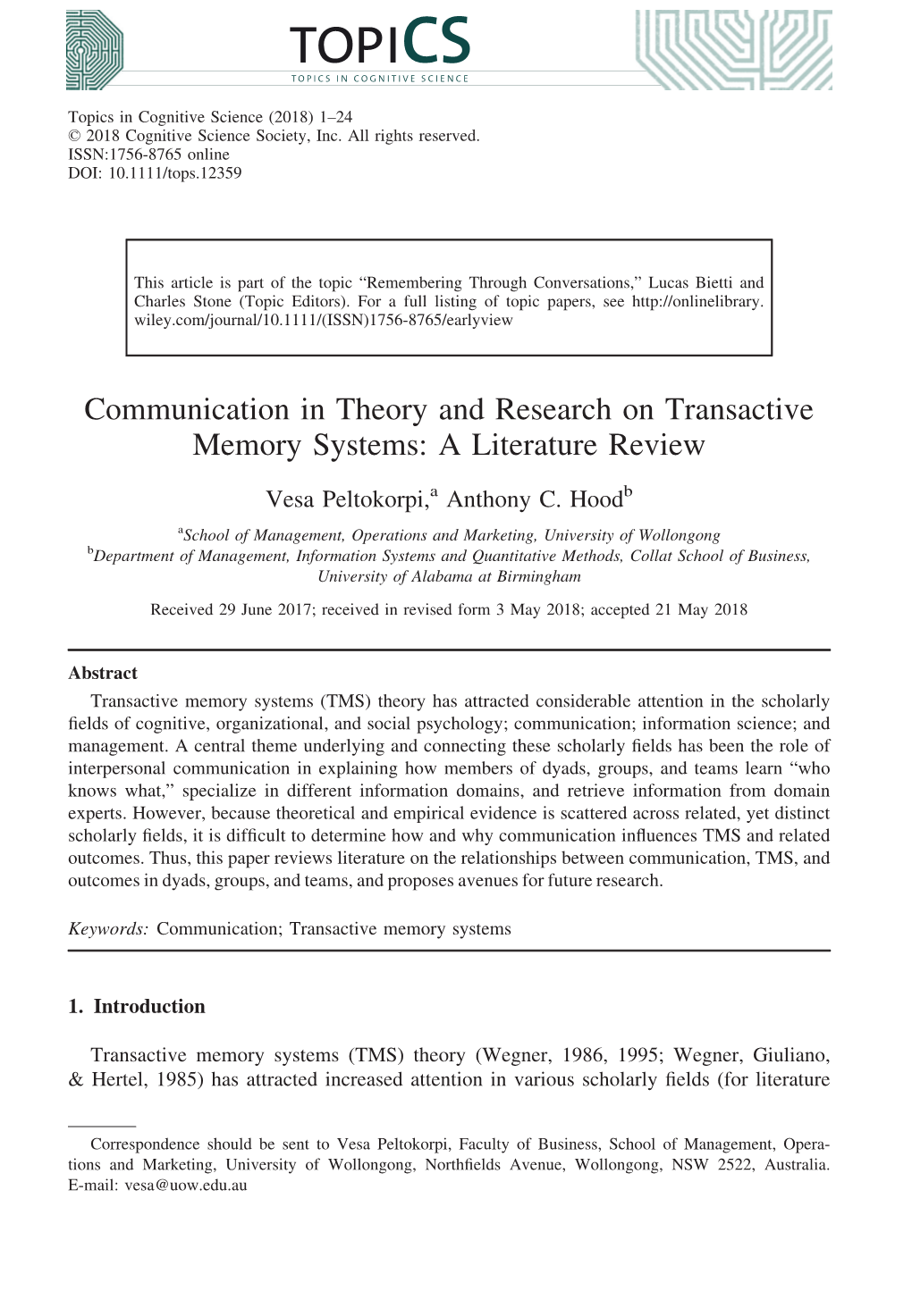 Communication in Theory and Research on Transactive Memory Systems: a Literature Review