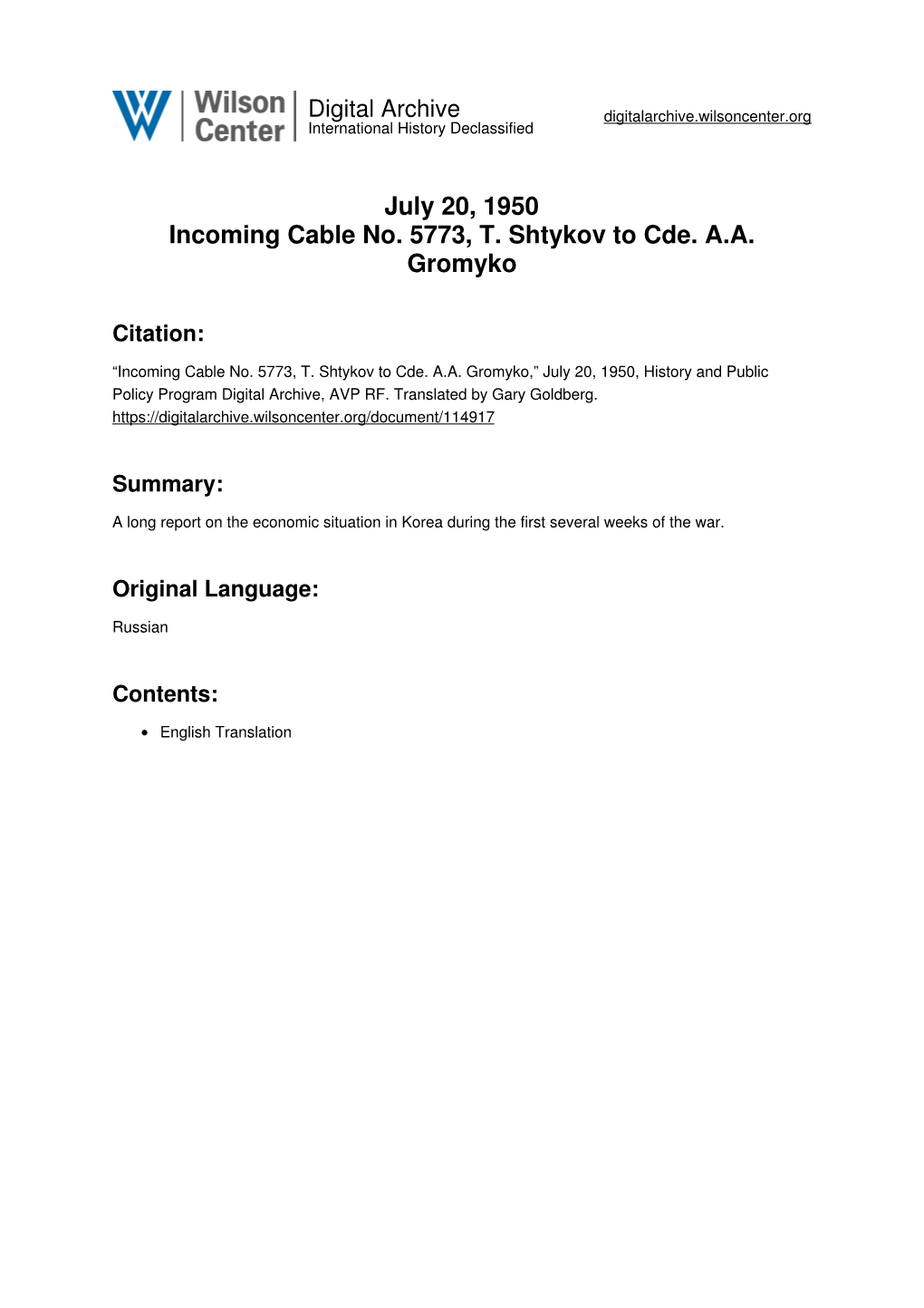 July 20, 1950 Incoming Cable No. 5773, T. Shtykov to Cde. A.A. Gromyko