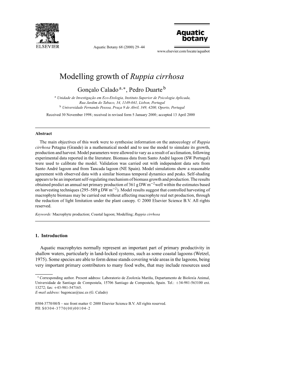 Modelling Growth of Ruppia Cirrhosa