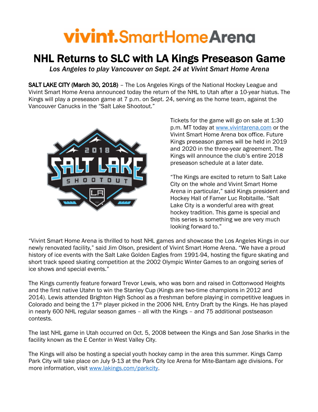 NHL Returns to SLC with LA Kings Preseason Game Los Angeles to Play Vancouver on Sept