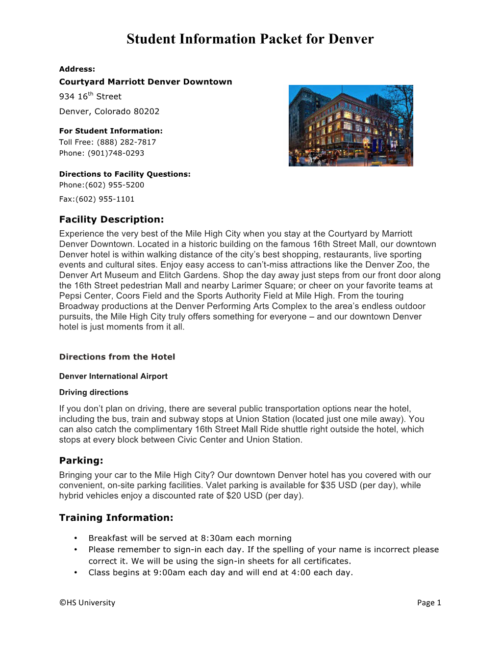 Student Information Packet for Denver