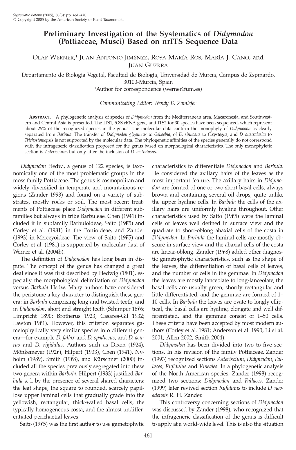 Preliminary Investigation of the Systematics of Didymodon (Pottiaceae, Musci) Based on Nrits Sequence Data