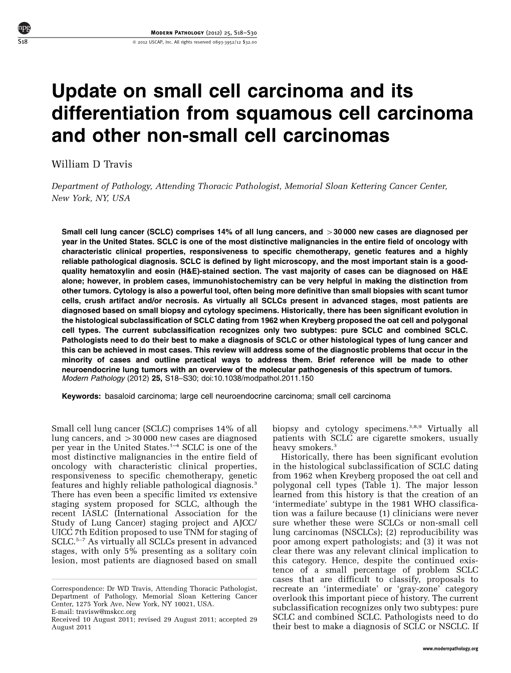 Update on Small Cell Carcinoma and Its Differentiation from Squamous Cell Carcinoma and Other Non-Small Cell Carcinomas