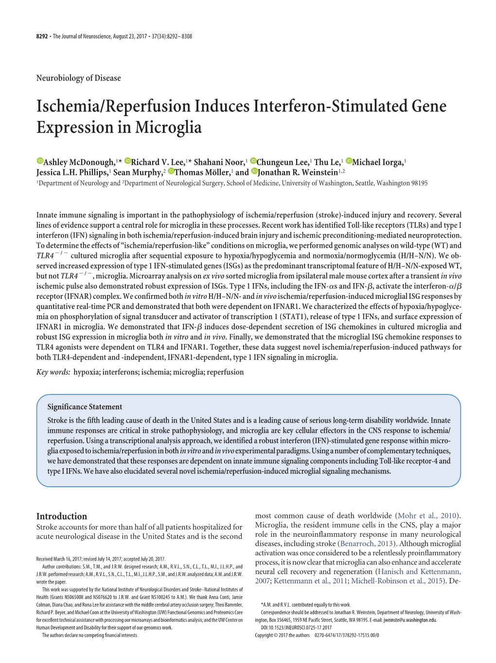 Ischemia/Reperfusion Induces Interferon-Stimulated Gene Expression in Microglia