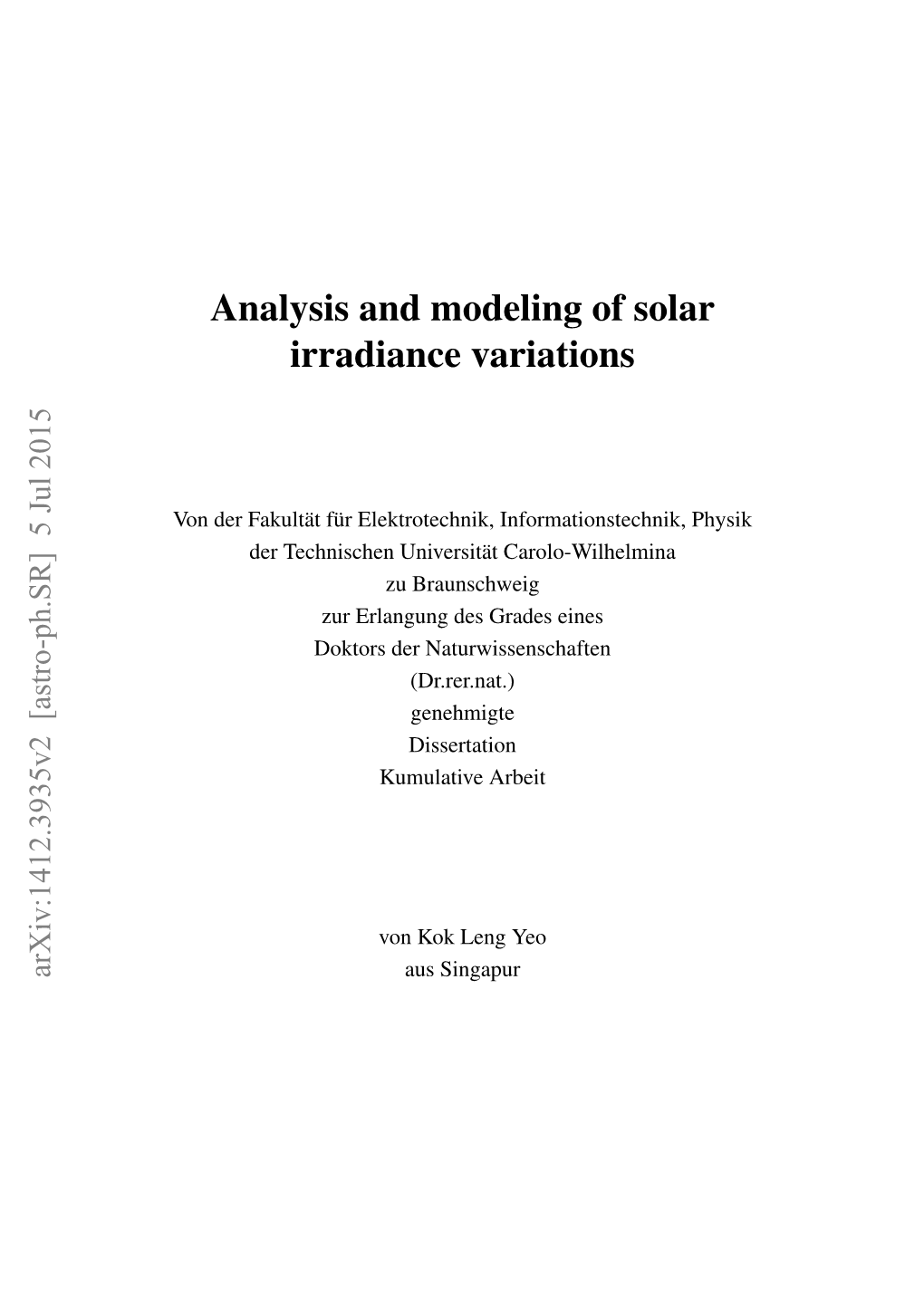 Analysis and Modeling of Solar Irradiance Variations