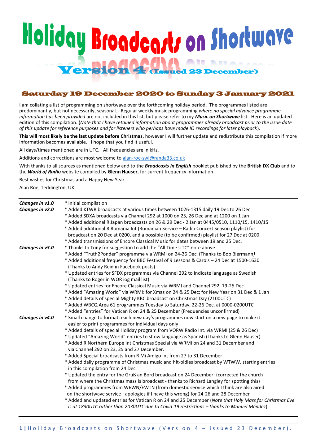 Holiday Broadcasts on Shortwave (Version 4 – I S S U E D 23 December )