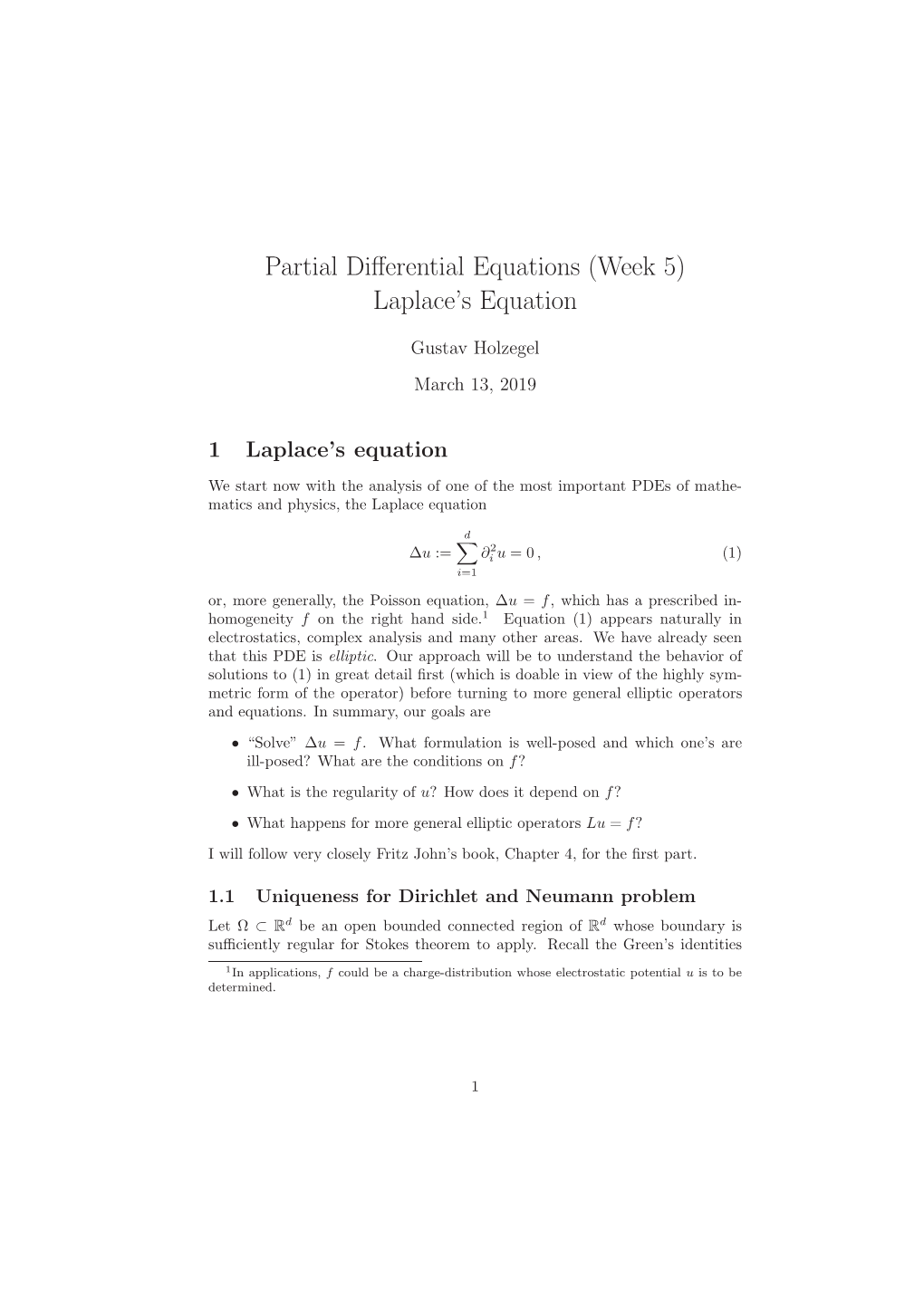 Partial Differential Equations (Week 5) Laplace's Equation