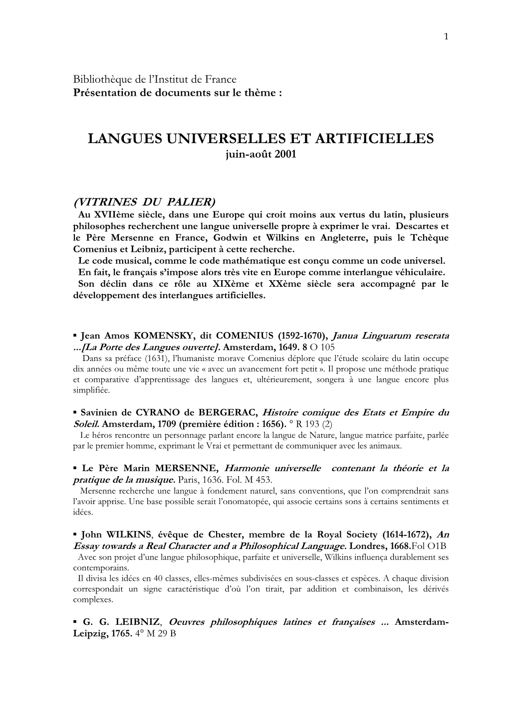 LANGUES UNIVERSELLES ET ARTIFICIELLES Juin-Août 2001