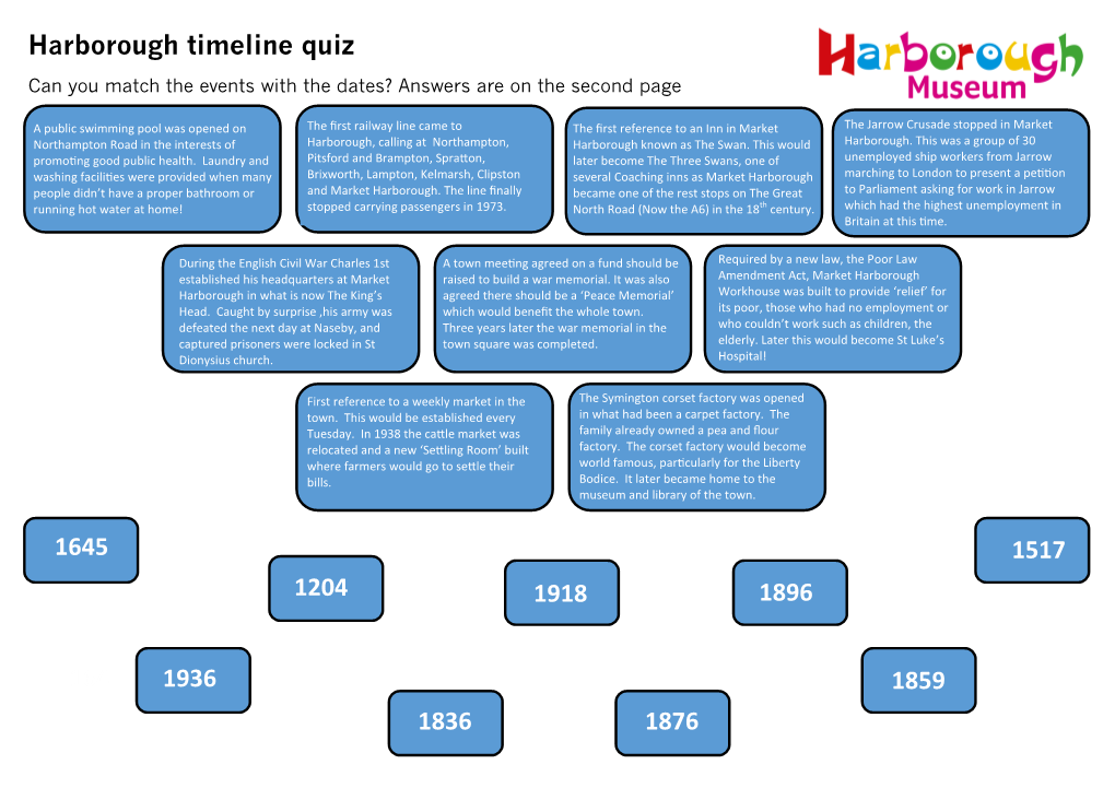 Harborough Timeline Quiz Can You Match the Events with the Dates? Answers Are on the Second Page