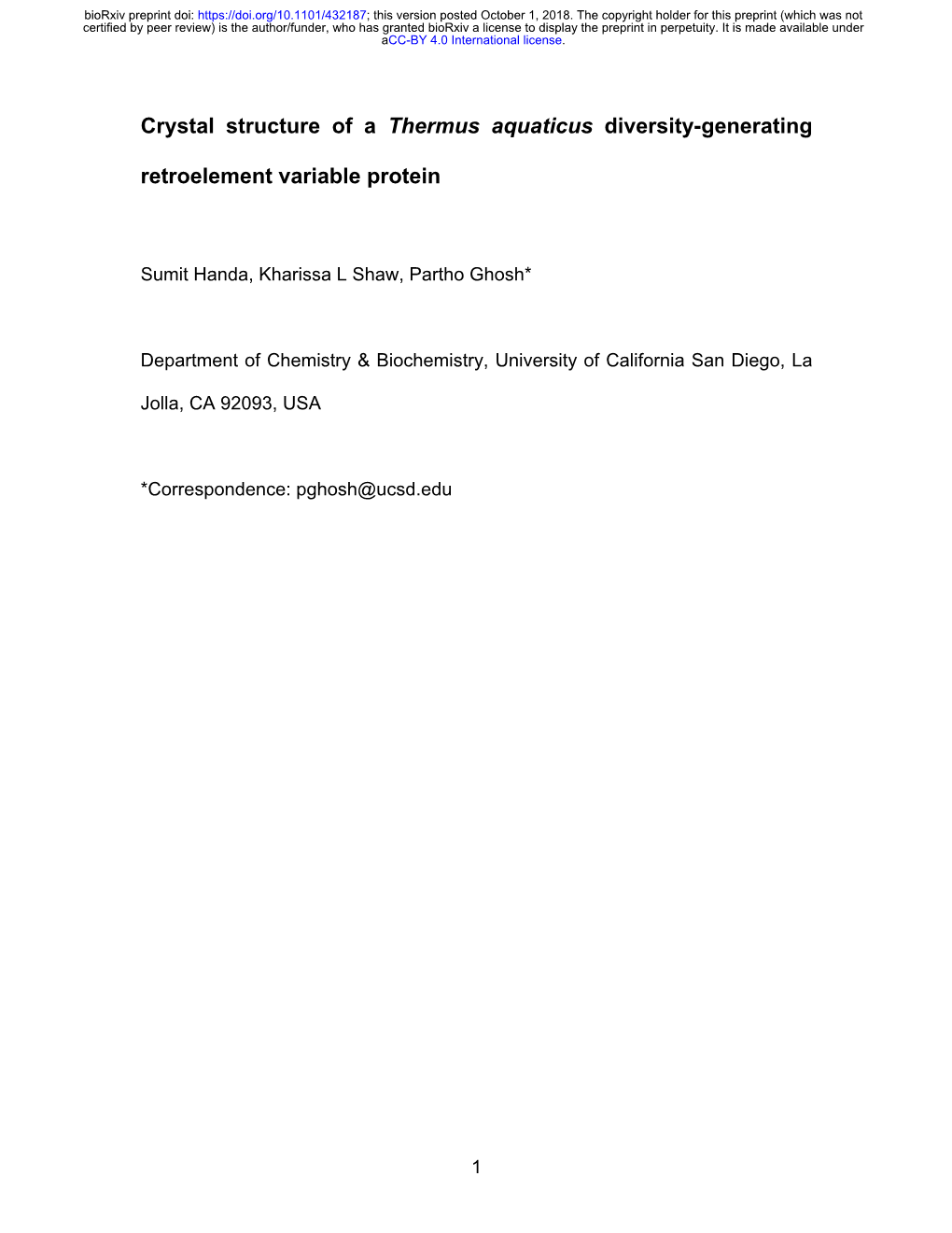 Crystal Structure of a Thermus Aquaticus Diversity-Generating