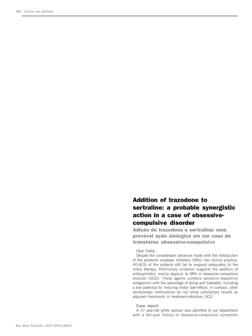 Addition of Trazodone to Sertraline: a Probable Synergistic Action in a Case of Obsessive- Compulsive Disorder