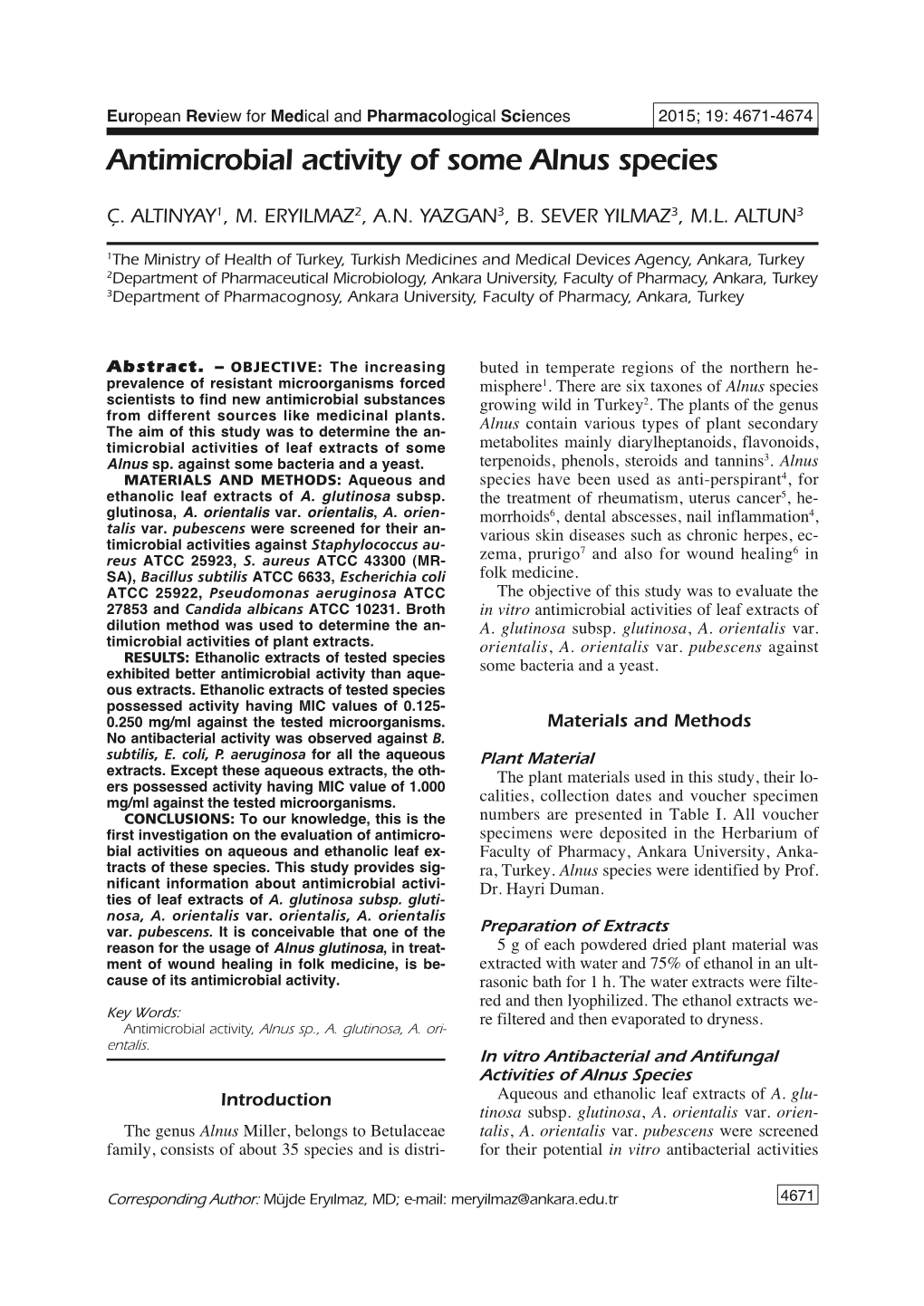 Antimicrobial Activity of Some Alnus Species