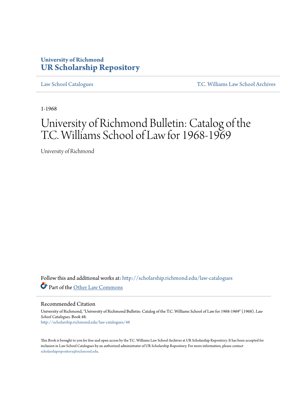 Catalog of the TC Williams School of Law for 1968-1969