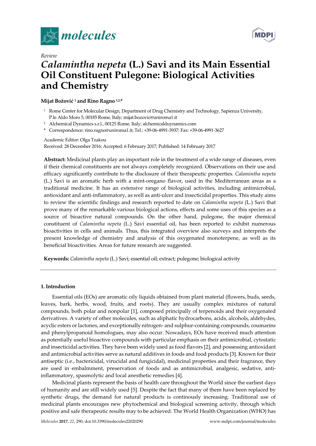 Calamintha Nepeta (L.) Savi and Its Main Essential Oil Constituent Pulegone: Biological Activities and Chemistry