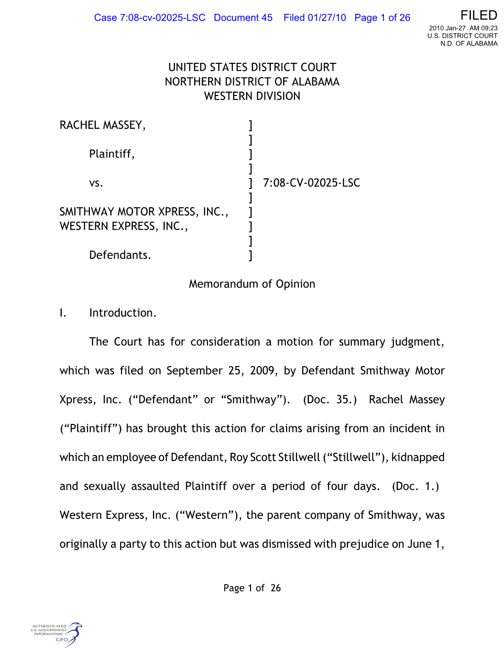 United States District Court Northern District of Alabama Western Division