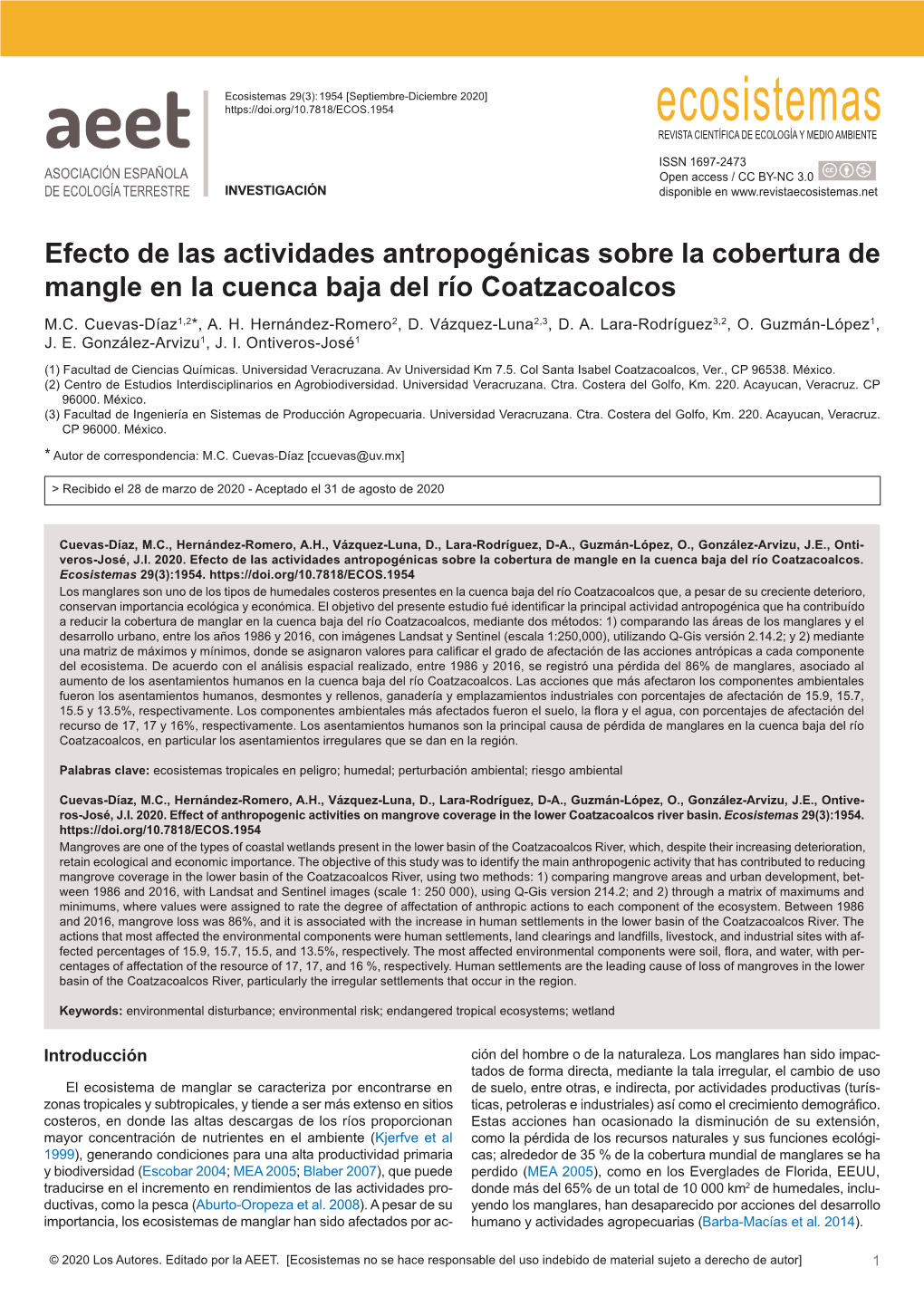 Efecto De Las Actividades Antropogénicas Sobre La Cobertura De Mangle En La Cuenca Baja Del Río Coatzacoalcos M.C