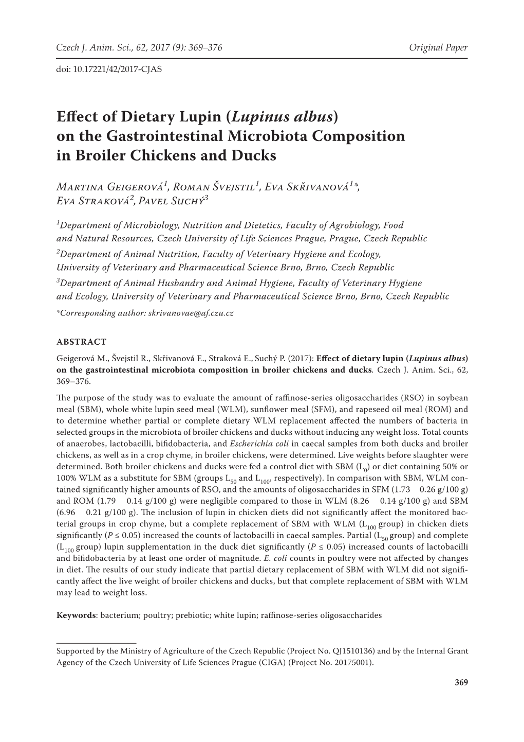 Lupinus Albus) on the Gastrointestinal Microbiota Composition in Broiler Chickens and Ducks