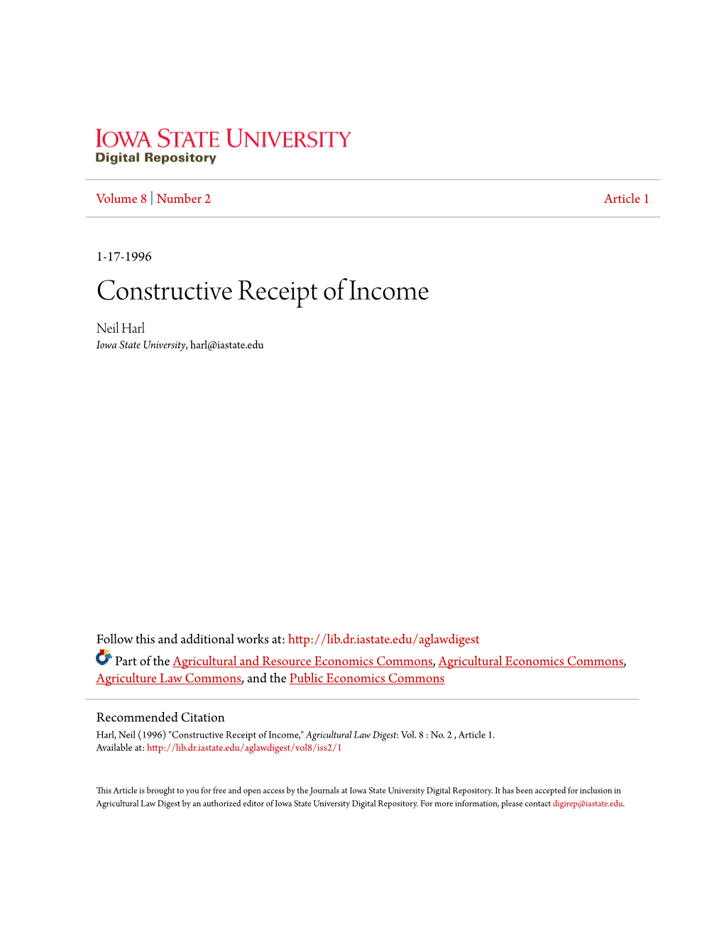 Constructive Receipt of Income Neil Harl Iowa State University, Harl@Iastate.Edu