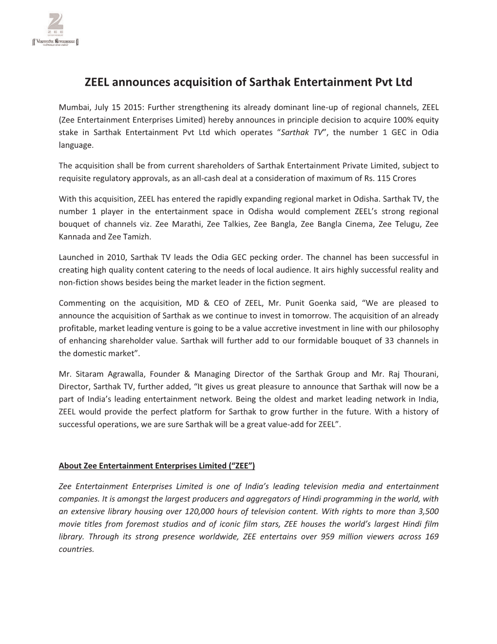 ZEEL Announces Acquisition of Sarthak Entertainment Pvt Ltd