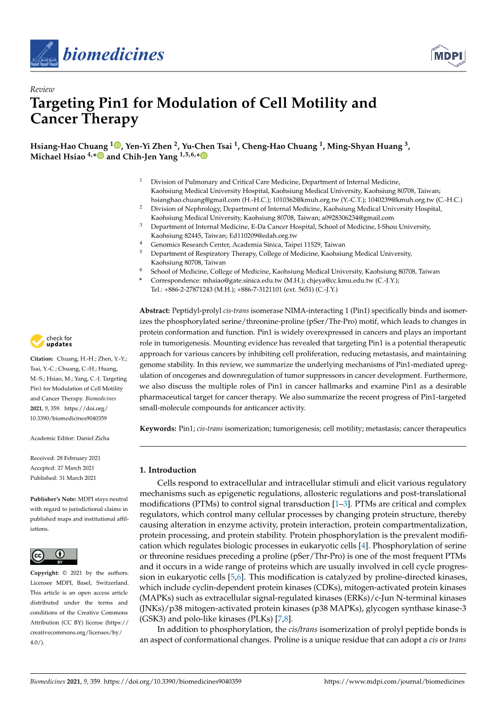 Targeting Pin1 for Modulation of Cell Motility and Cancer Therapy