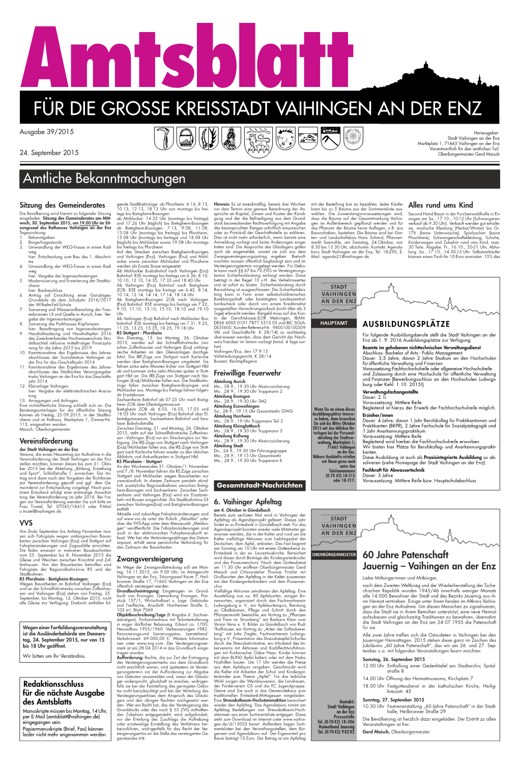 Amtsblatt FÜR DIE GROSSE KREISSTADT VAIHINGEN an DER ENZ